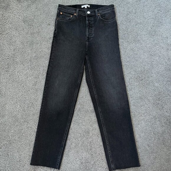 RE/DONE 70's STOVE PIPE HIGH RISE STRETCH CROPPED JEANS- WASHED NOIR - Size 28 - Picture 1 of 12